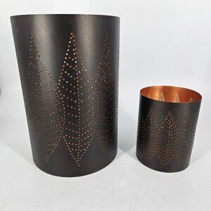 Crate Barrel Copper Hurricane Candle Holders Large Small Set Black Leaf Cutout